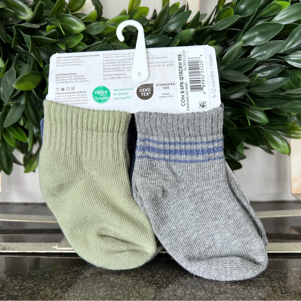 Carter's | Child Of Mine Baby Boy Socks | Variety 6 pk Qtr Crew Rib | 6-12 month - Picture 3 of 9